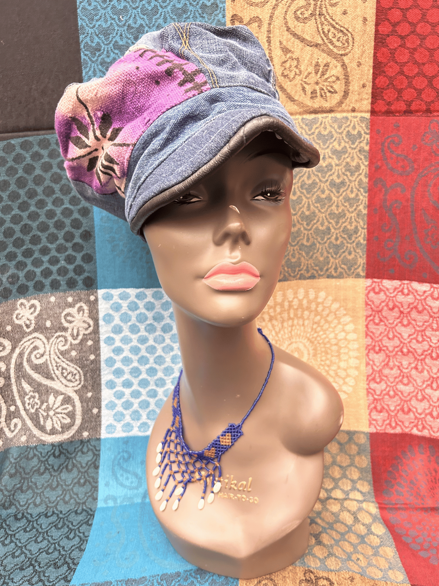 Mudcloth Hat with Brim Denim Purple and White