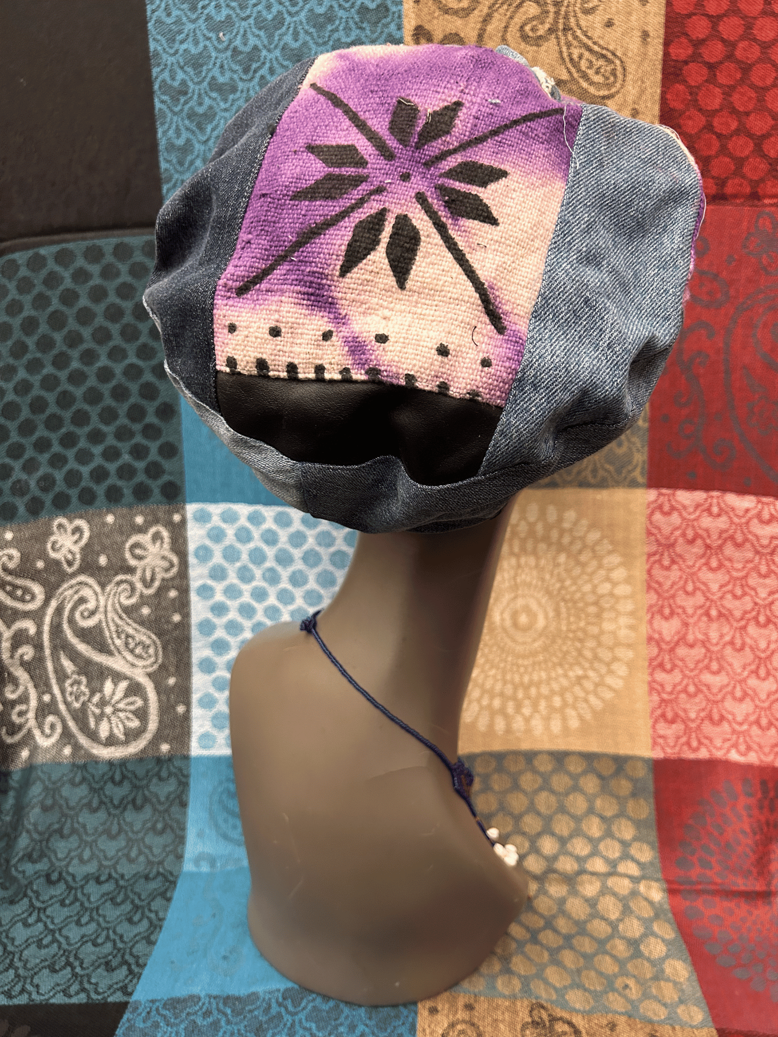 Mudcloth Hat with Brim Denim Purple and White