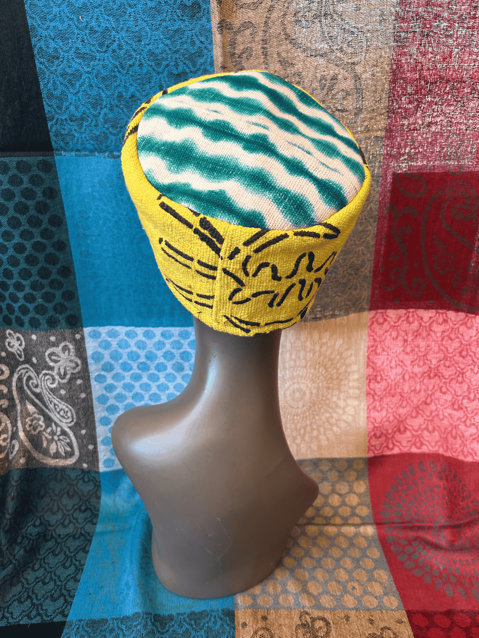 Mudcloth Kofi Hat Yellow Green and White