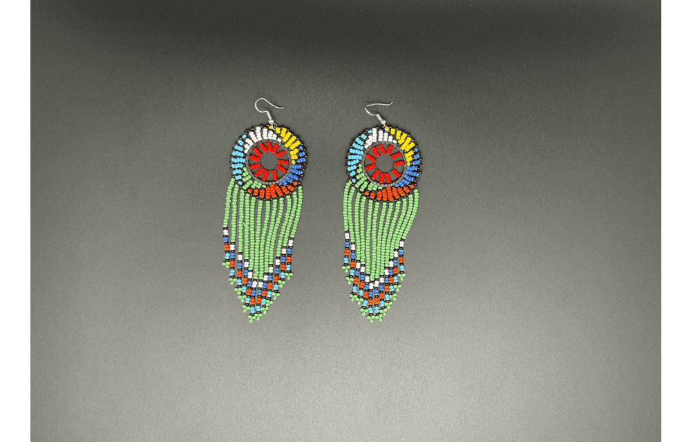 Green and Multicolor Beaded Dreamcatcher Dangling Earrings