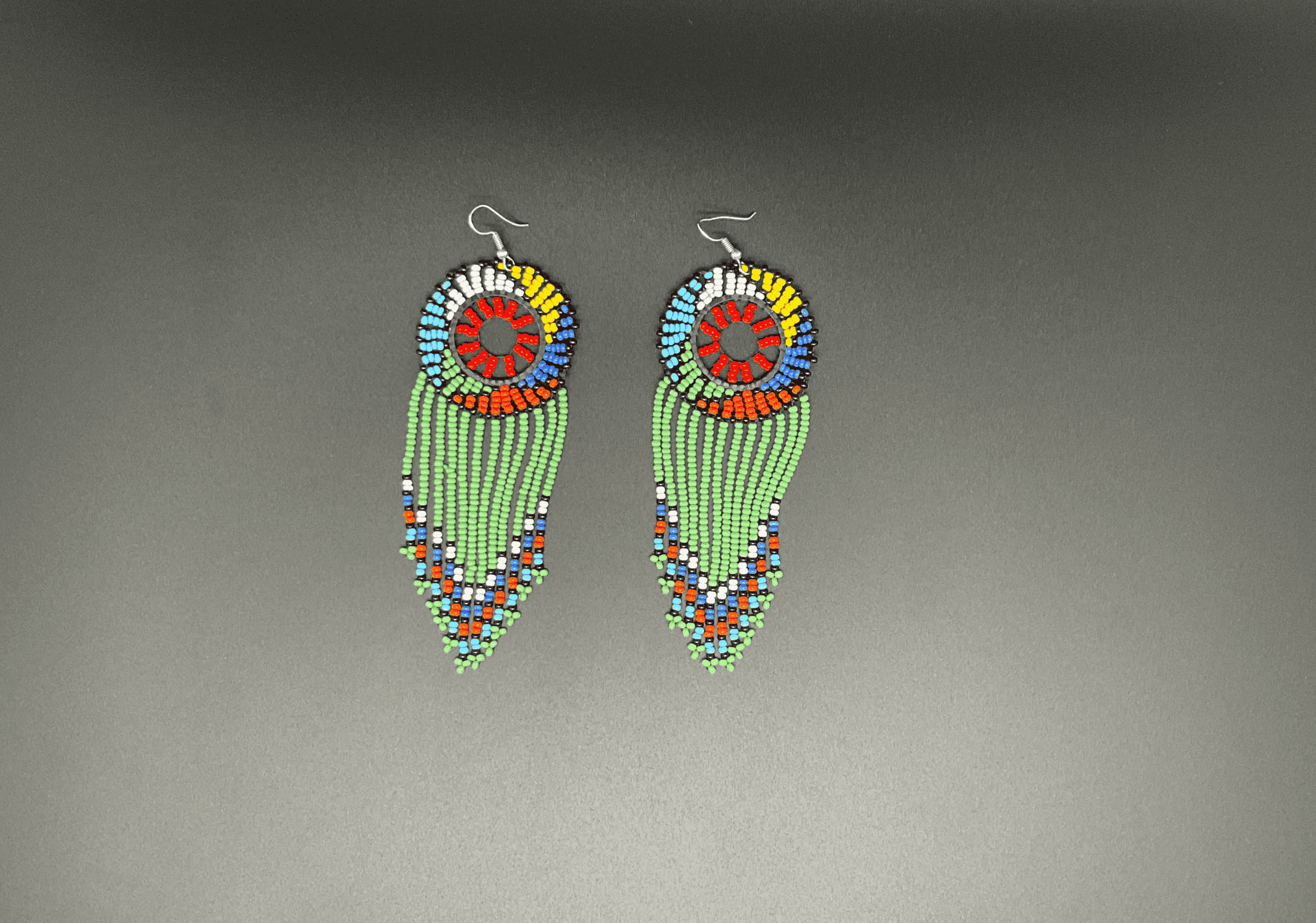 Green and Multicolor Beaded Dreamcatcher Dangling Earrings
