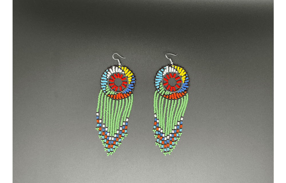 Green and Multicolor Beaded Dreamcatcher Dangling Earrings