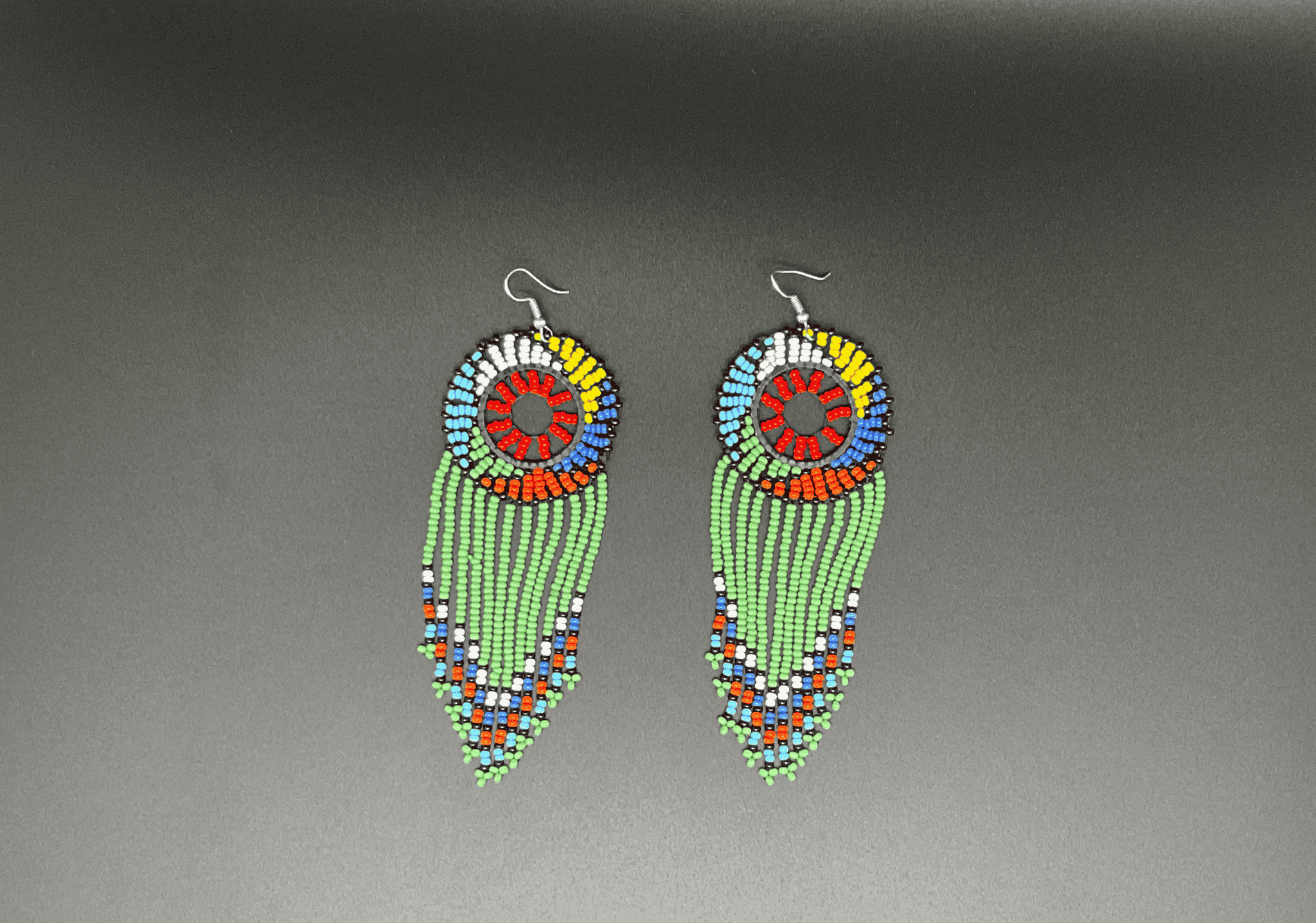 Green and Multicolor Beaded Dreamcatcher Dangling Earrings