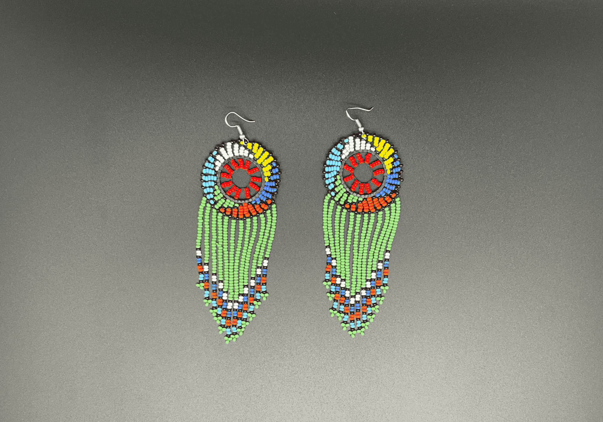 Green and Multicolor Beaded Dreamcatcher Dangling Earrings