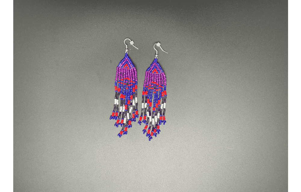 Purple Red and Blue Beaded Dangling Earrings