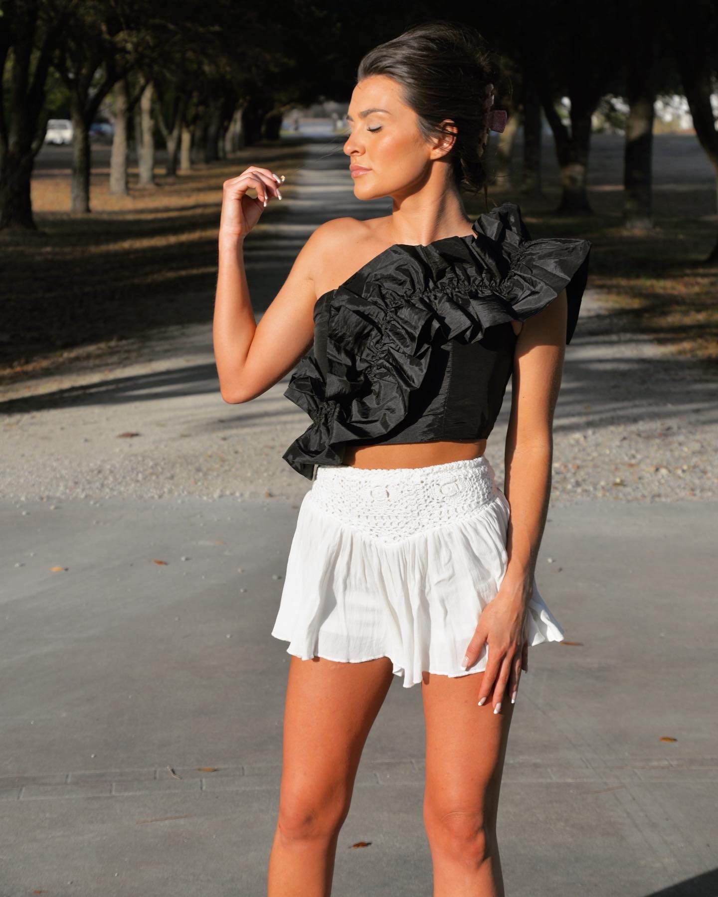 one shoulder black ruffle top
