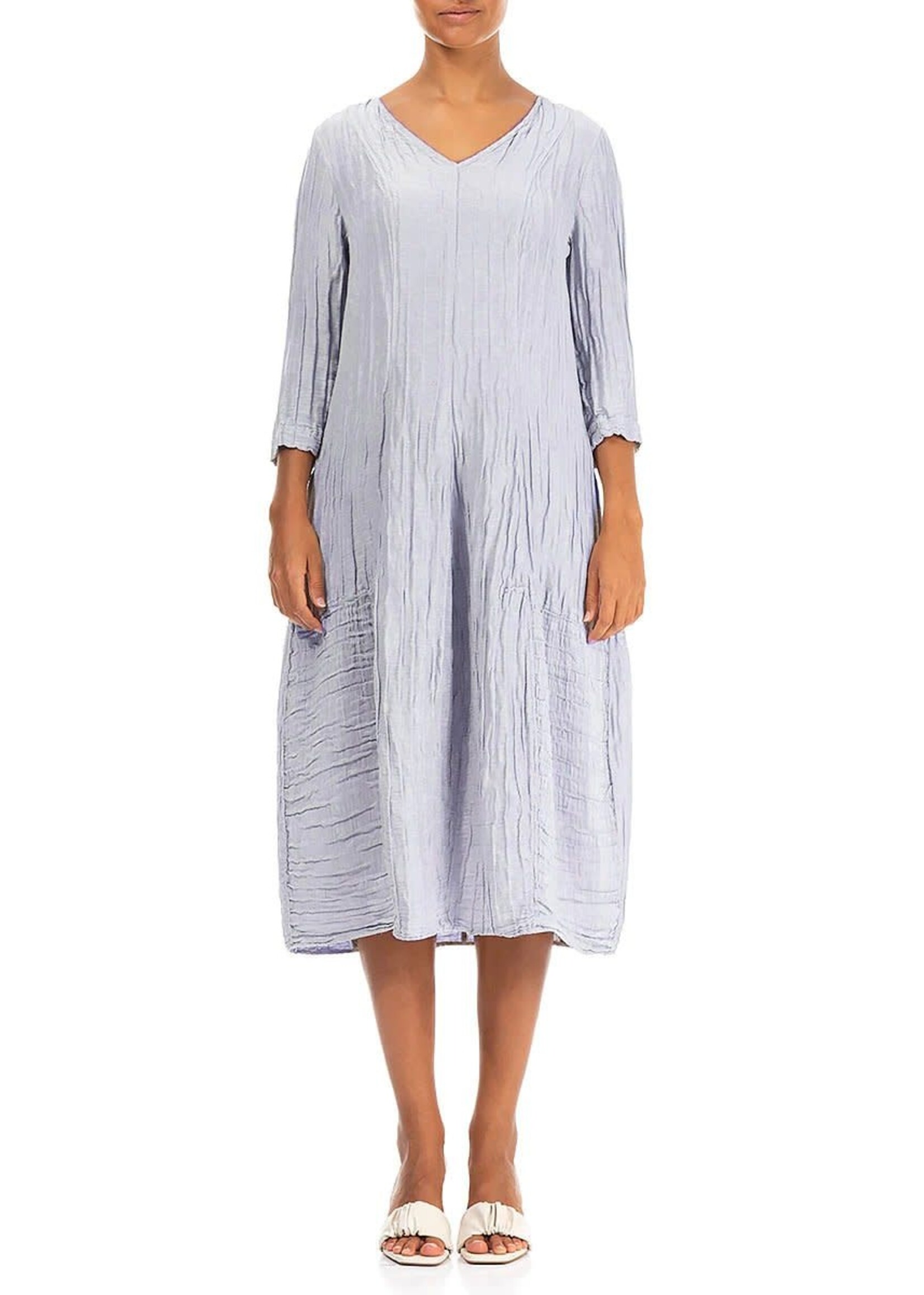 GRIZAS V-Neck Crinkled Lavender Silk Linen Dress