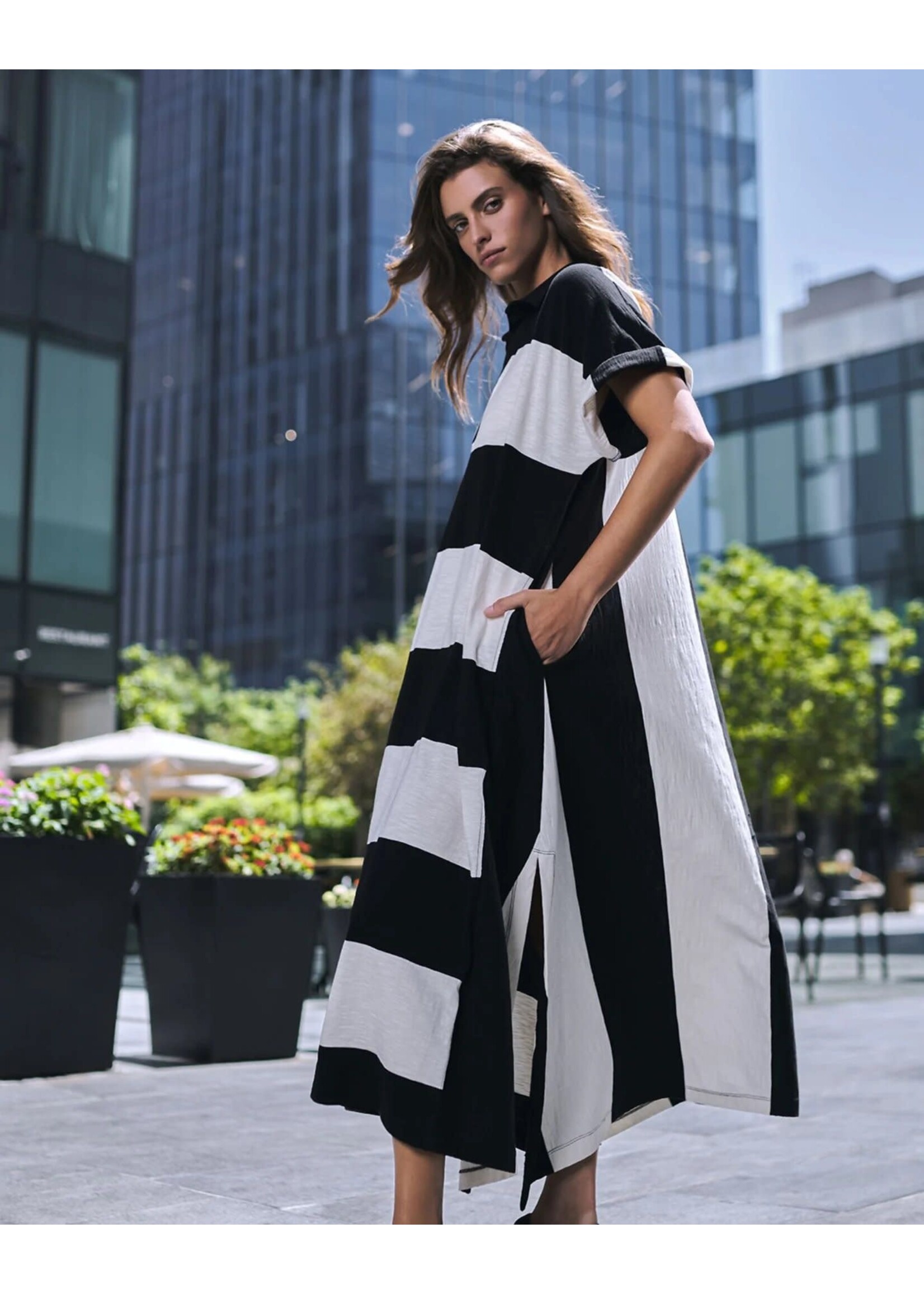 ALEMBIKA Urban Rugby Stripe Maxi Dress, White/Black