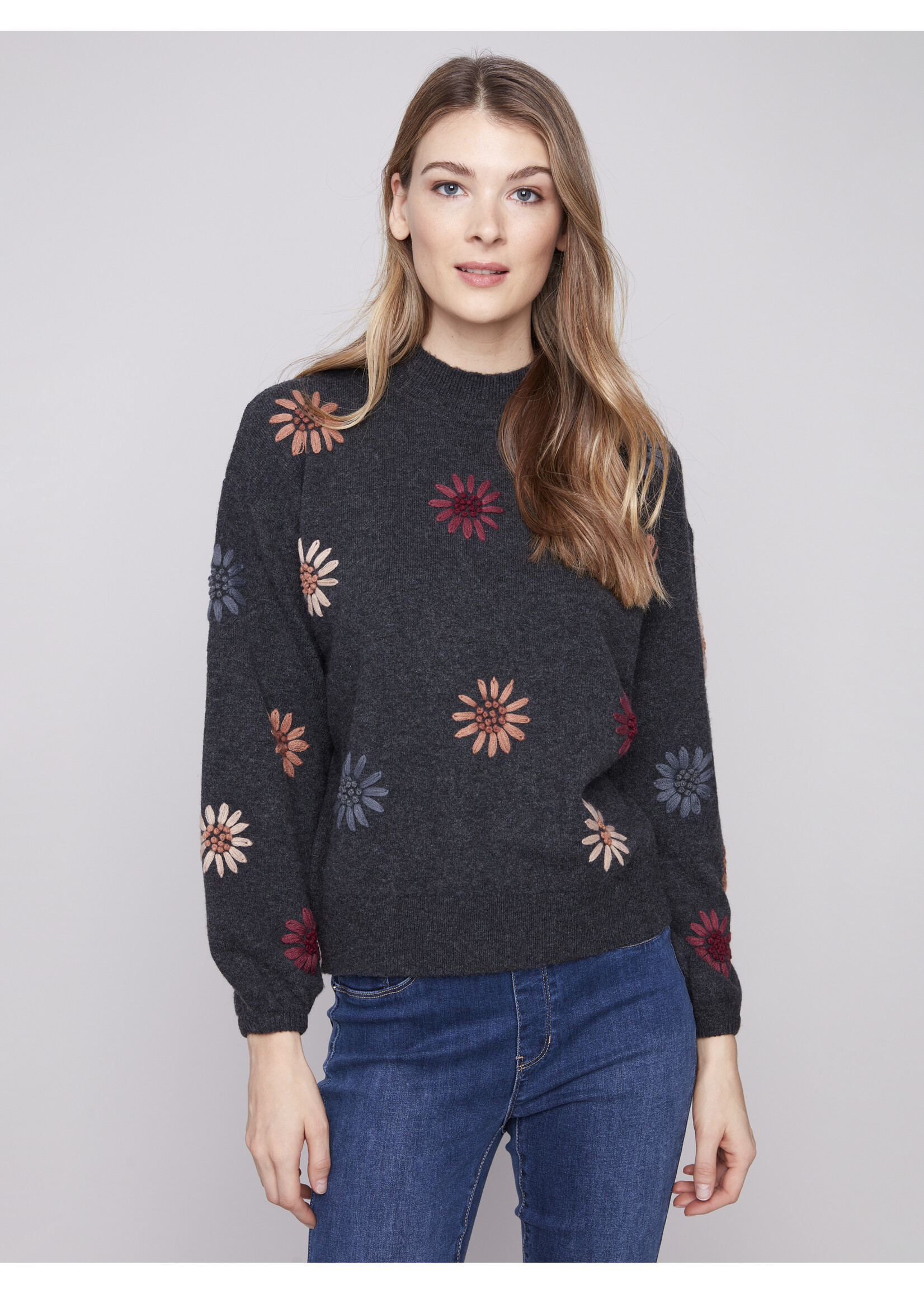Charlie B Mock Neck Sweater w/Embroidery C2689E