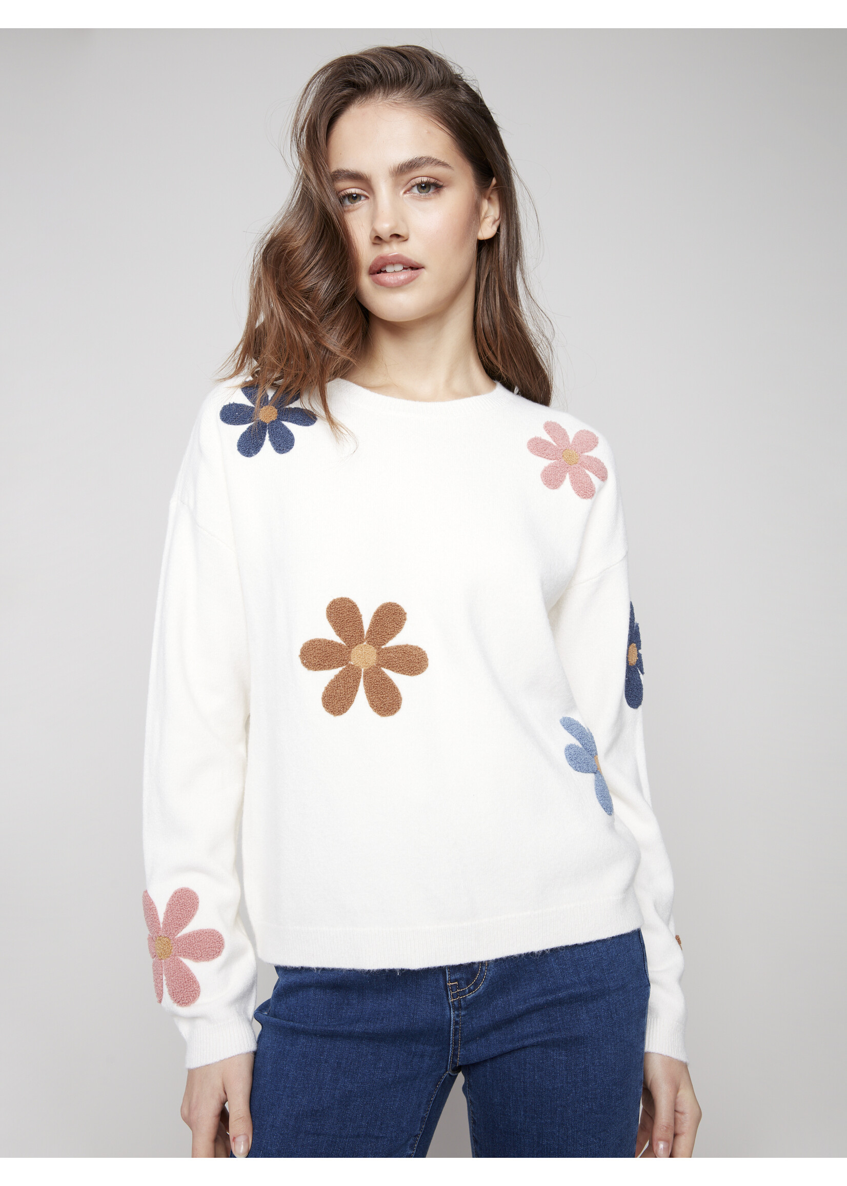 Charlie B Super Plush Sweaterw/Boucle Flowers C2829