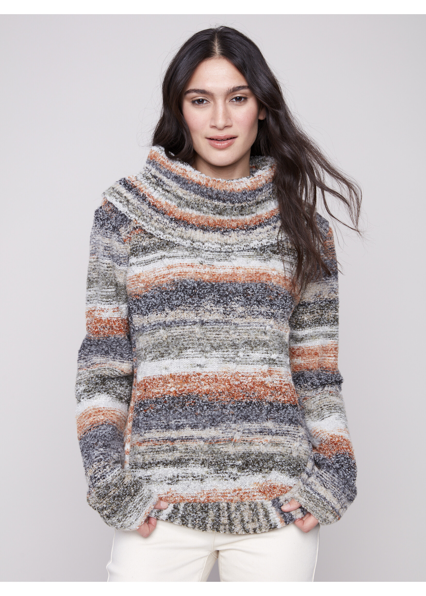 Charlie B Cowl Neck Cable Sweater C2316