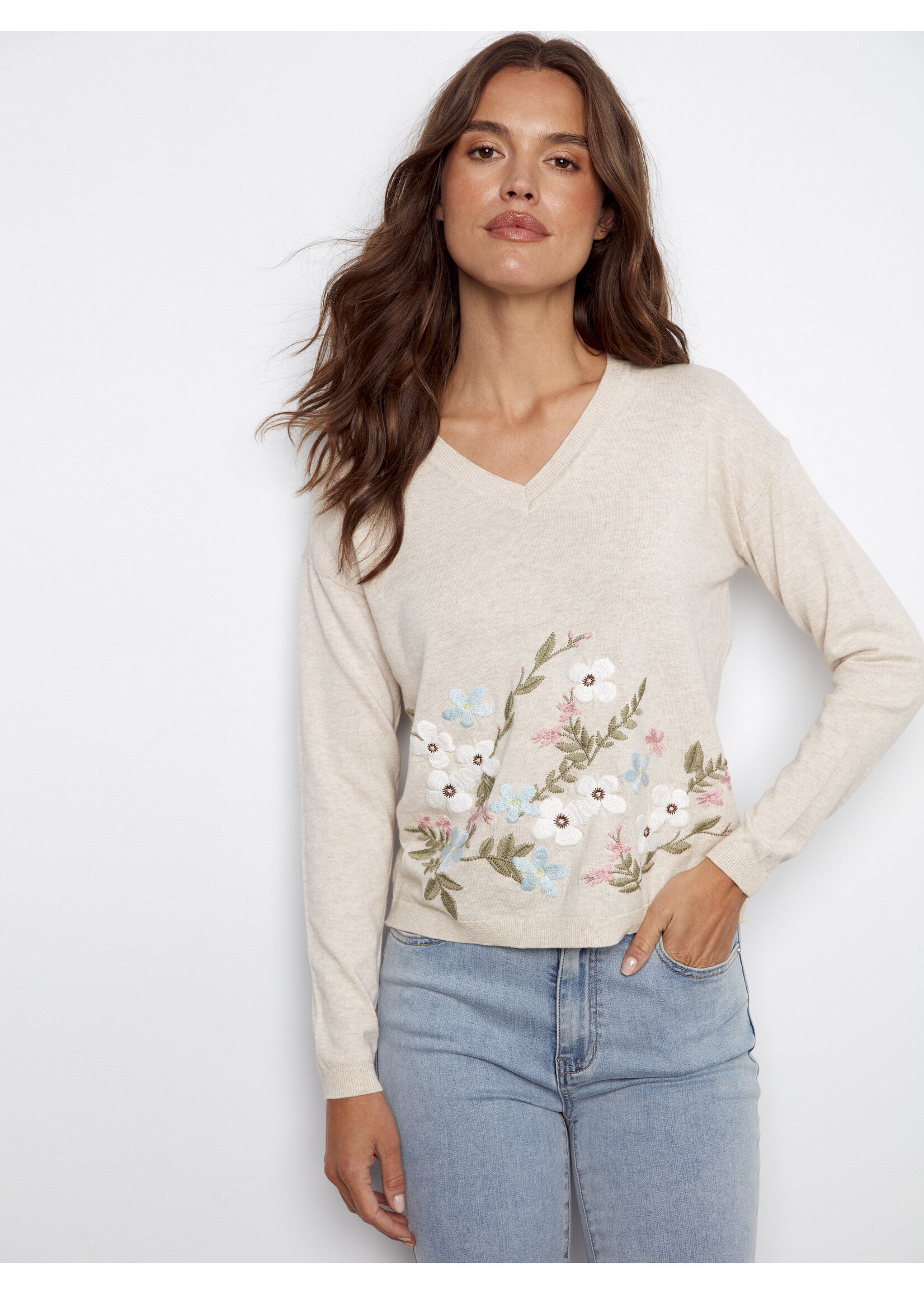 Charlie B Lg Sleeve V Neck Sweater C2802R