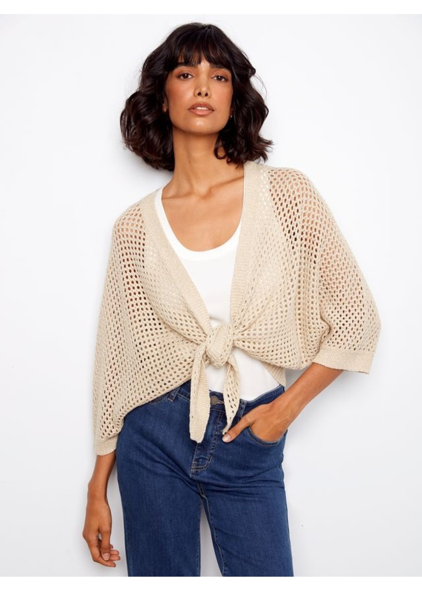 Charlie B Tie Front Crochet Shrug C2957