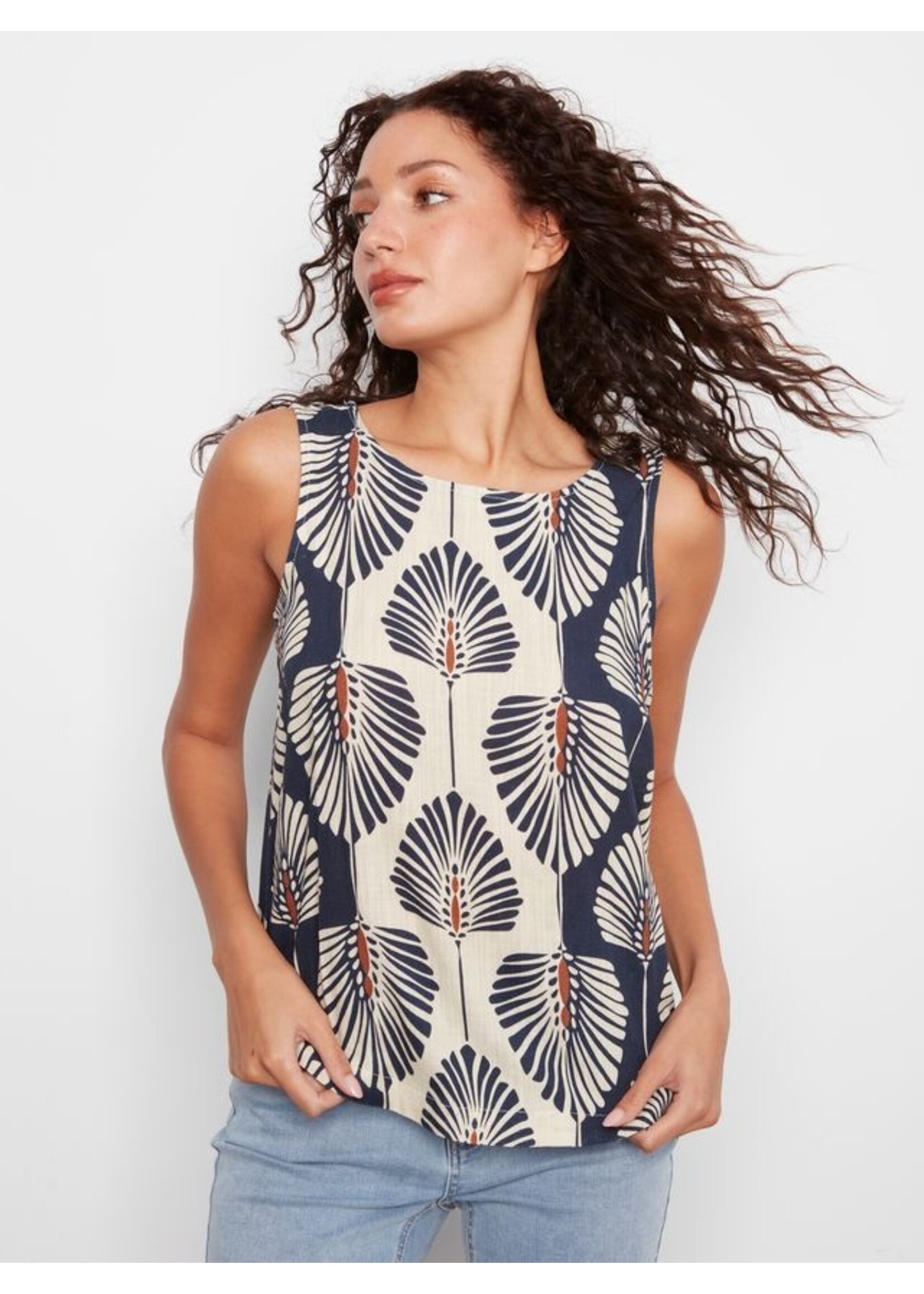 Charlie B Printed Slvless Linen Blouse C4588R