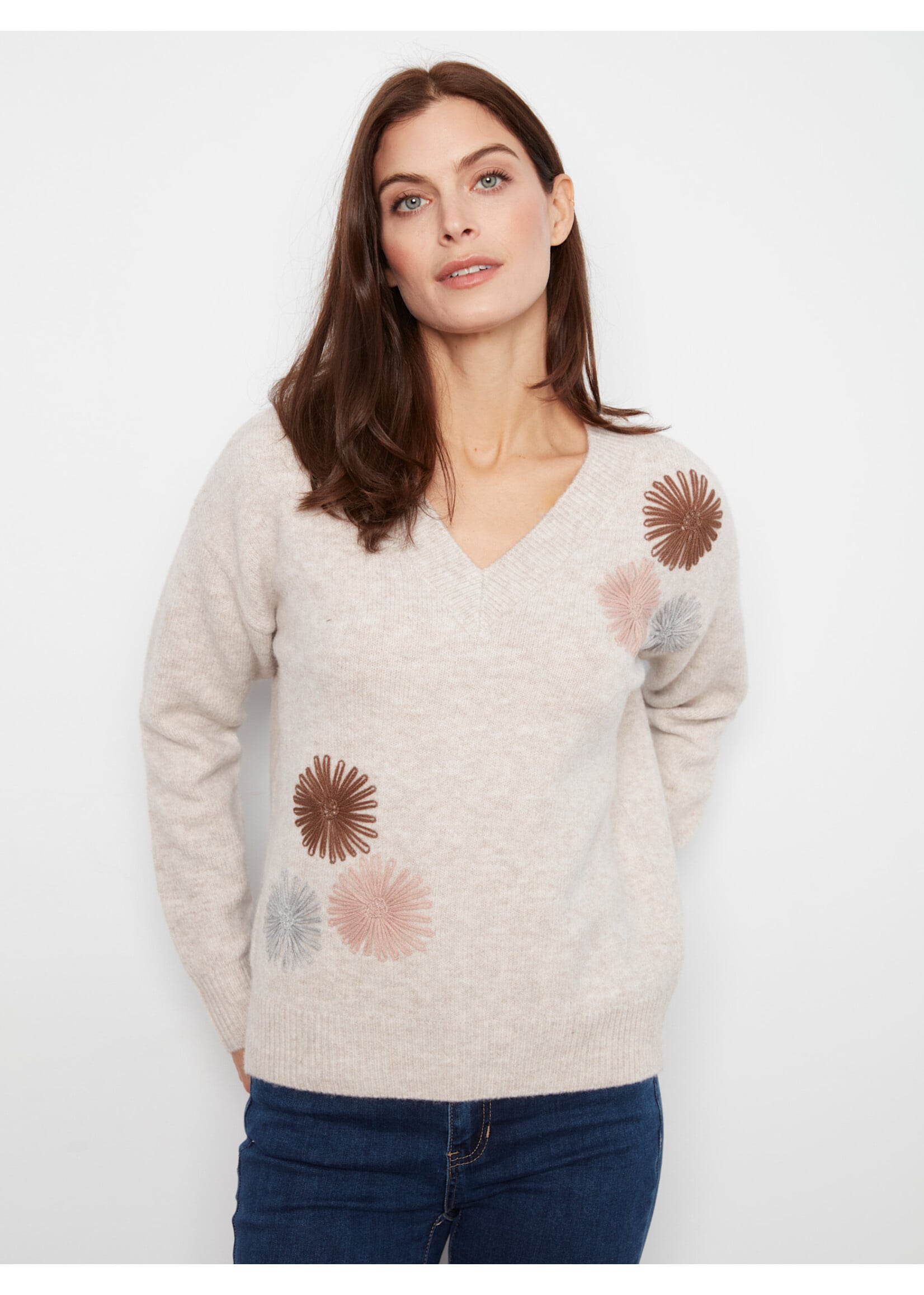 Charlie B Lg Slv V-Neck Oversized Sweater C2056 433C