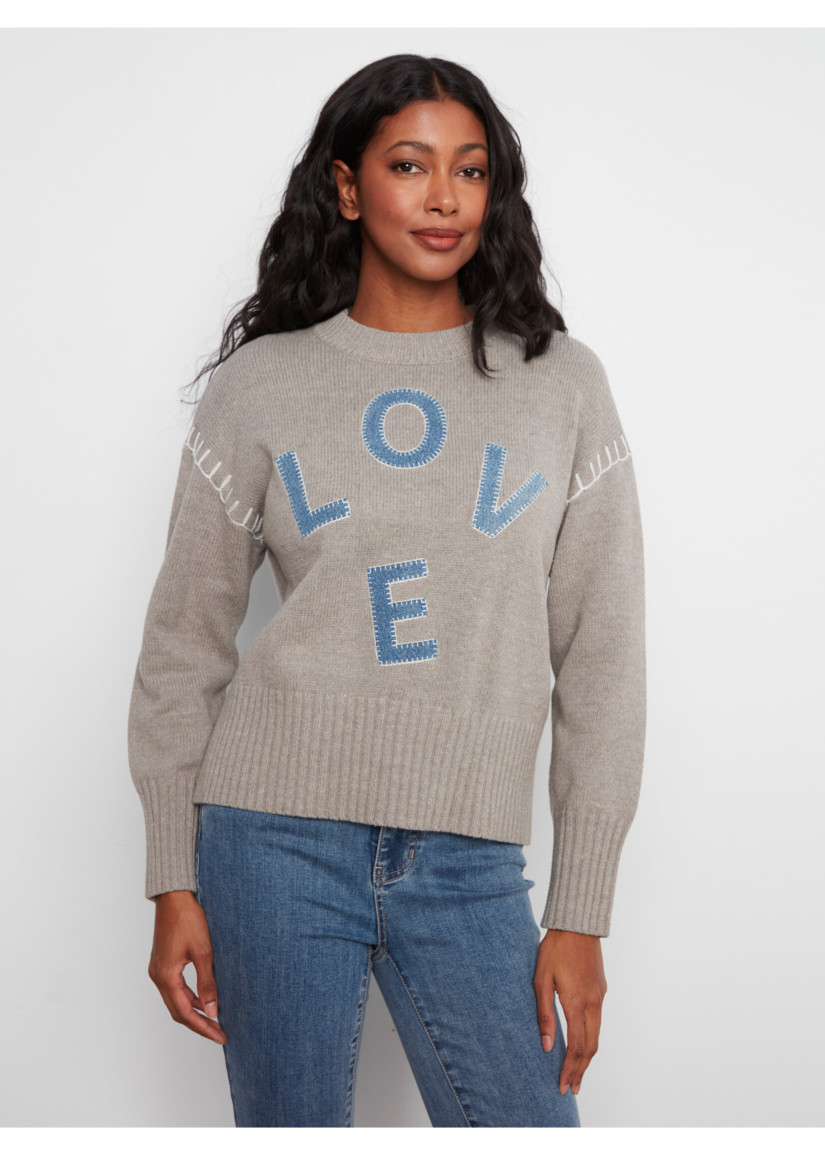 Charlie B Mock Neck Sweater w/Denim Patches C2026 683C