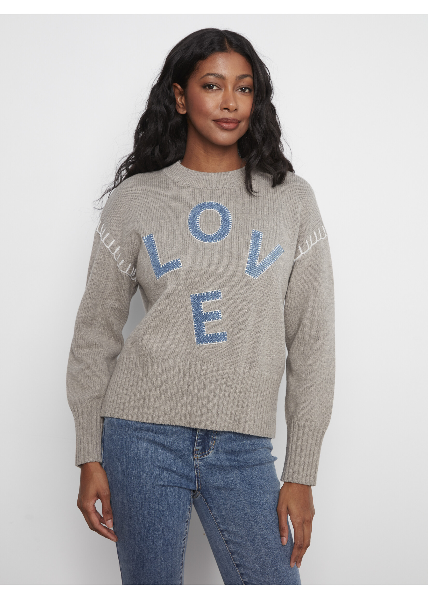 Charlie B Mock Neck Sweater w/Denim Patches C2026 683C