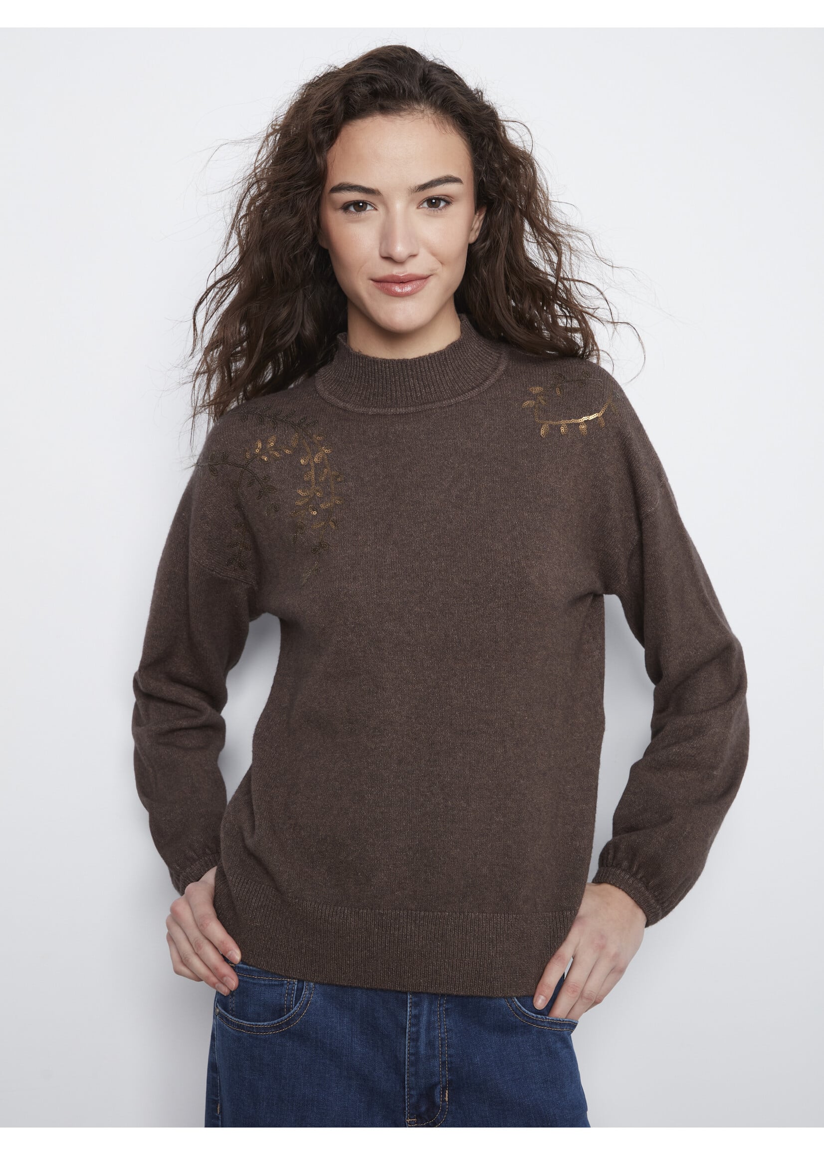 Charlie B Mock Neck Sweater with Embroidery Detail C2149