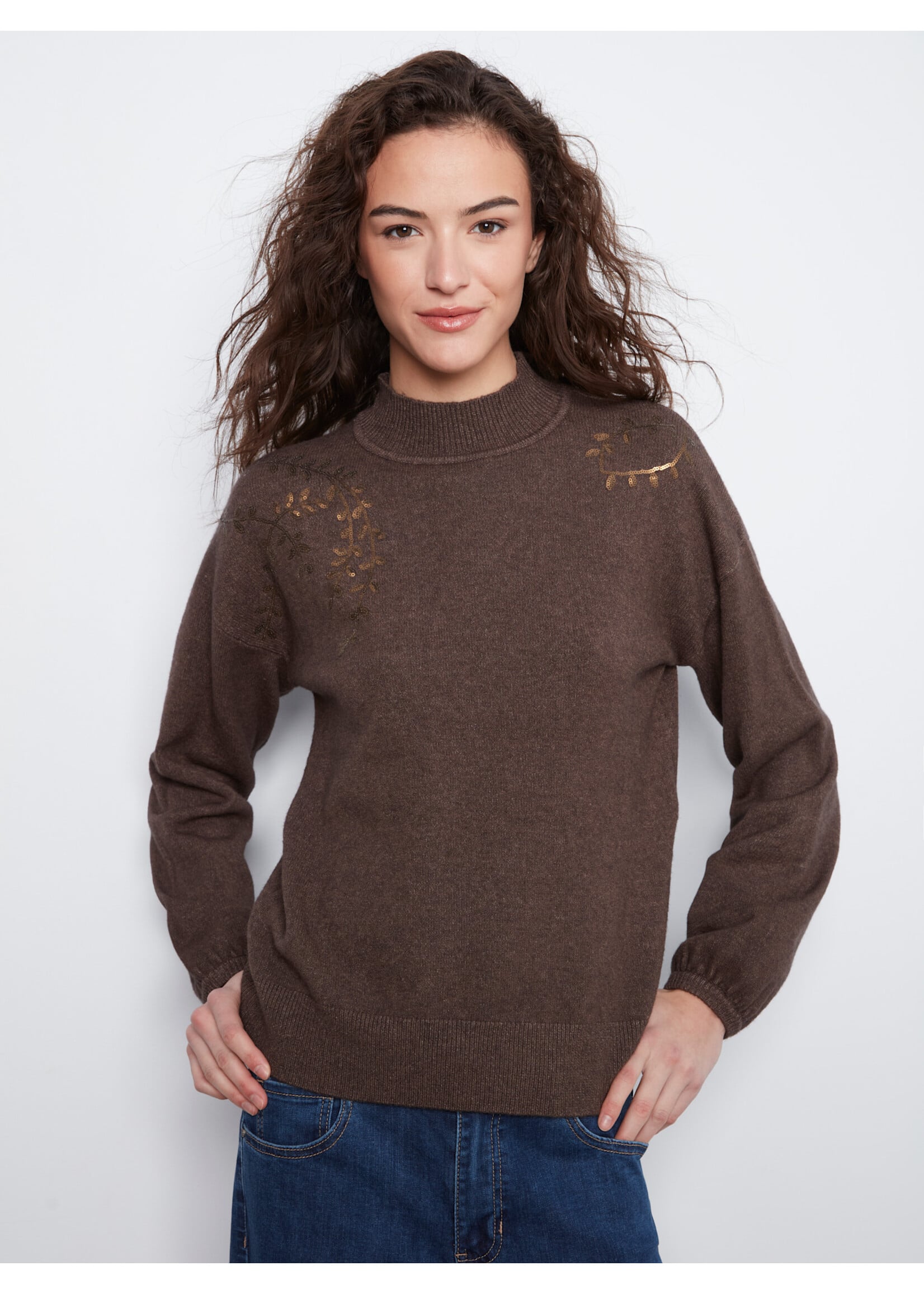Charlie B Mock Neck Sweater with Embroidery Detail C2149