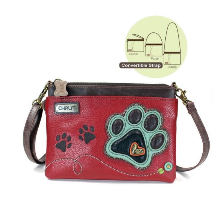 Chala Teal Pawprint Burgundy Mini Crossbody