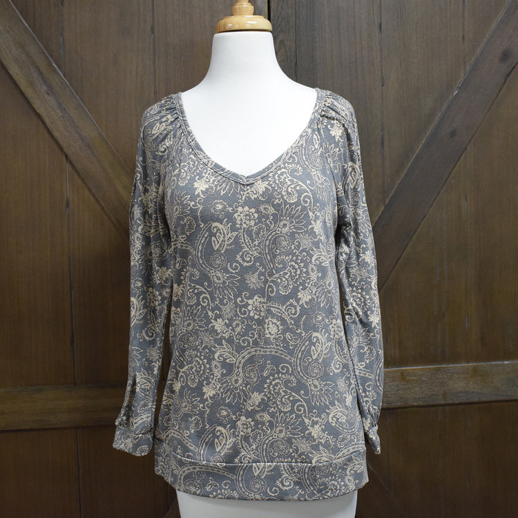 Be Stage Paisly Print Long Sleeve Top (Grey)