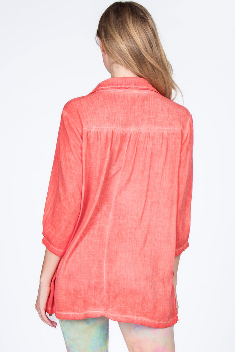 M. Rena Oil Washed V-Neck Tunic (Red Pink)