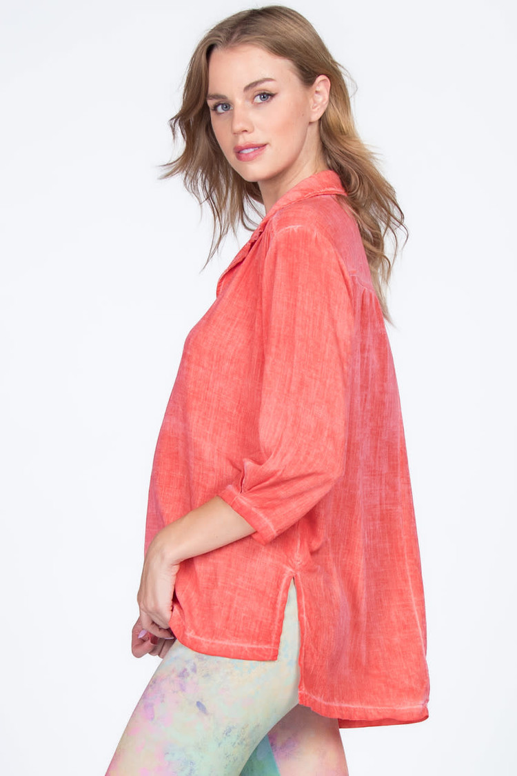 M. Rena Oil Washed V-Neck Tunic (Red Pink)