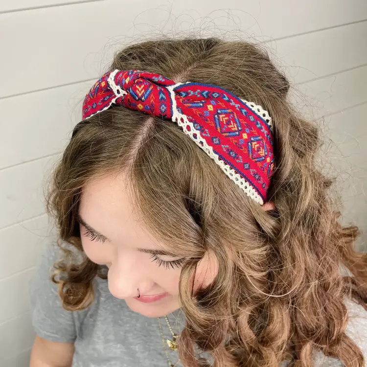 Gray Bird Label Aztec Lace Knot Headband (Red)
