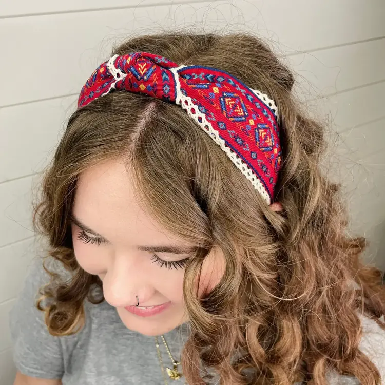 Gray Bird Label Aztec Lace Knot Headband (Red)
