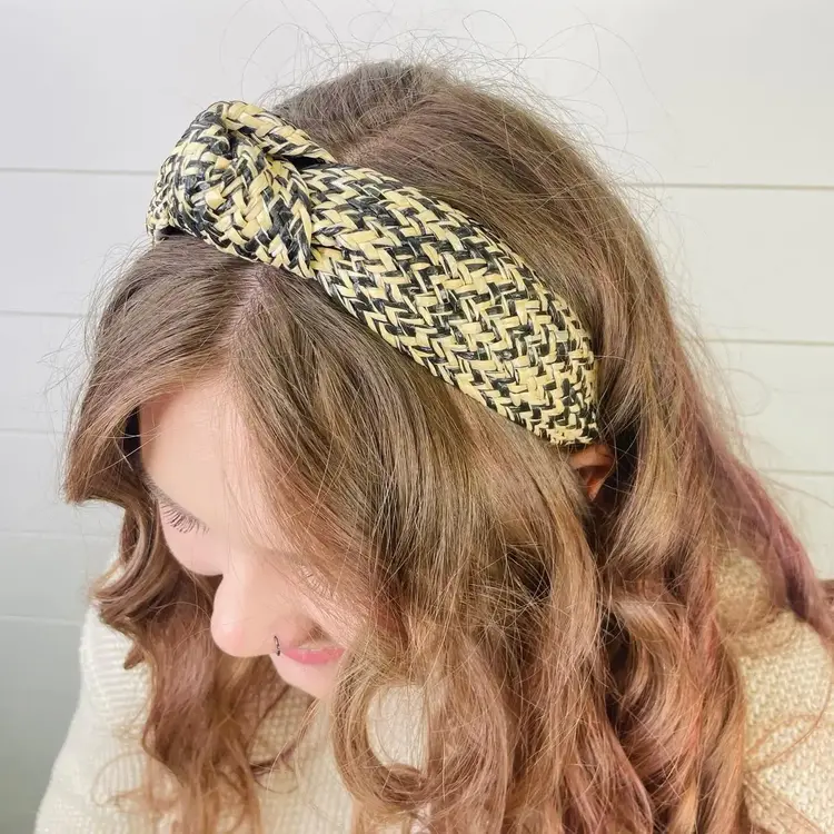 Gray Bird Label Woven Rattan Headband (Black/Natural)