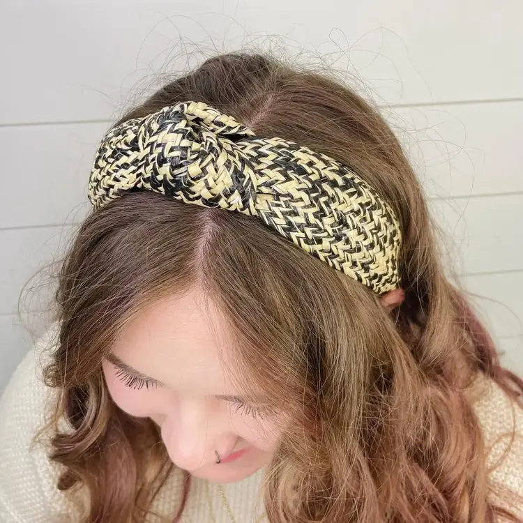 Gray Bird Label Woven Rattan Headband (Black/Natural)