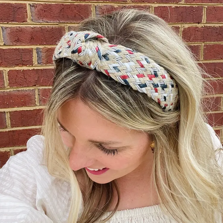 Gray Bird Label Woven Rattan Headband (Red/White/Blue)