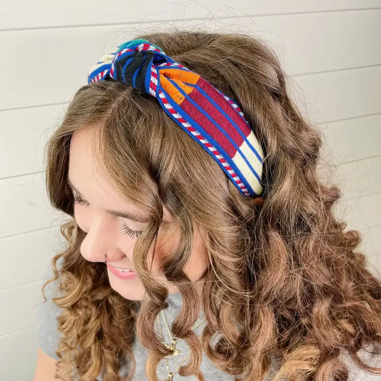 Gray Bird Label Vintage Knot Embroidered Striped Headband