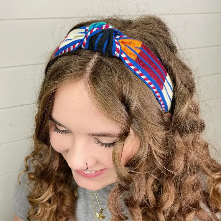 Gray Bird Label Vintage Knot Embroidered Striped Headband