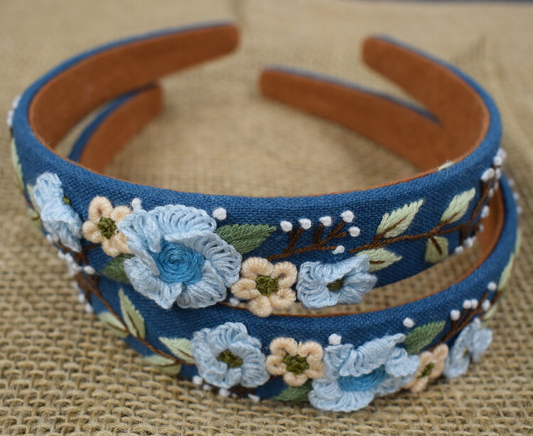 Quince Fables Floral Embroidered Charlotte Headband (Denim)