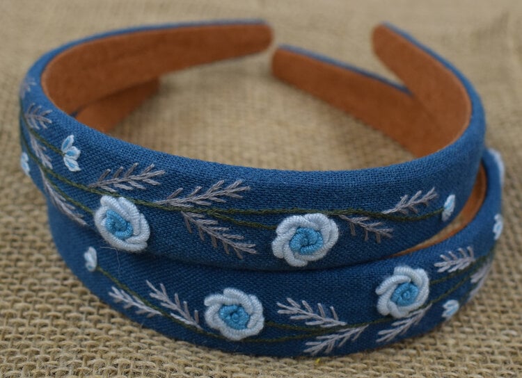 Quince Fables Floral Embroidered Charlotte Headband (Mallard Blue)