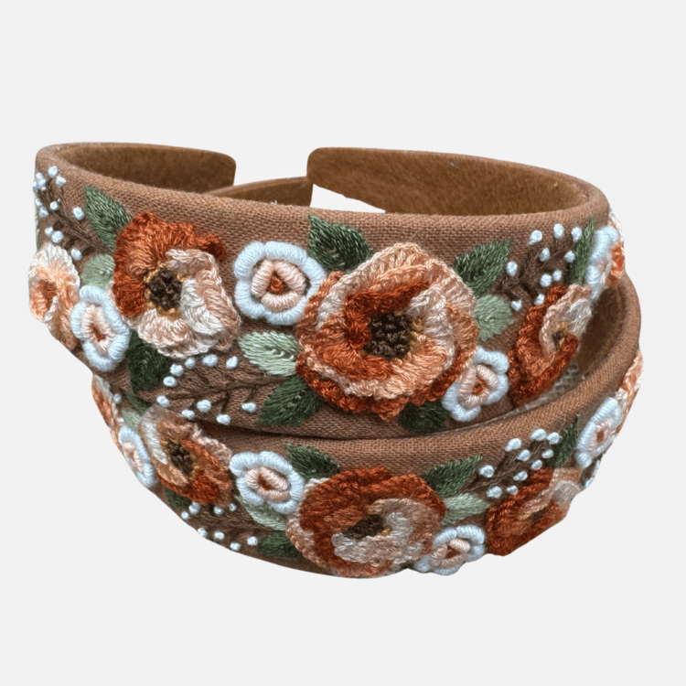 Quince Fables 3D Floral Embroidered Lainey Headband (Caramel)