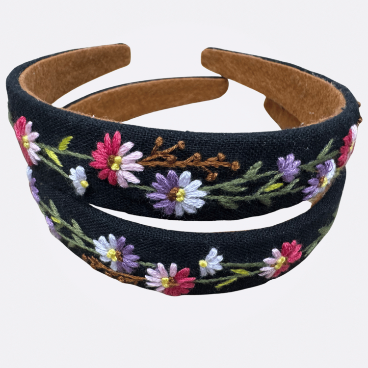 Quince Fables Summer Floral Embroidered Headband (Black/Multi)