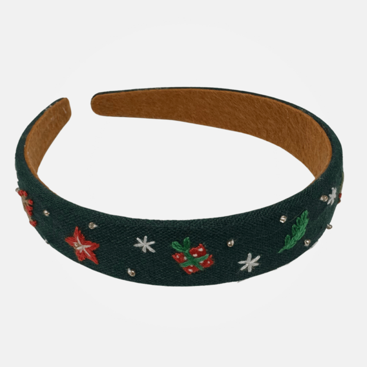 Quince Fables Christmas Embroidered Headband (Green)