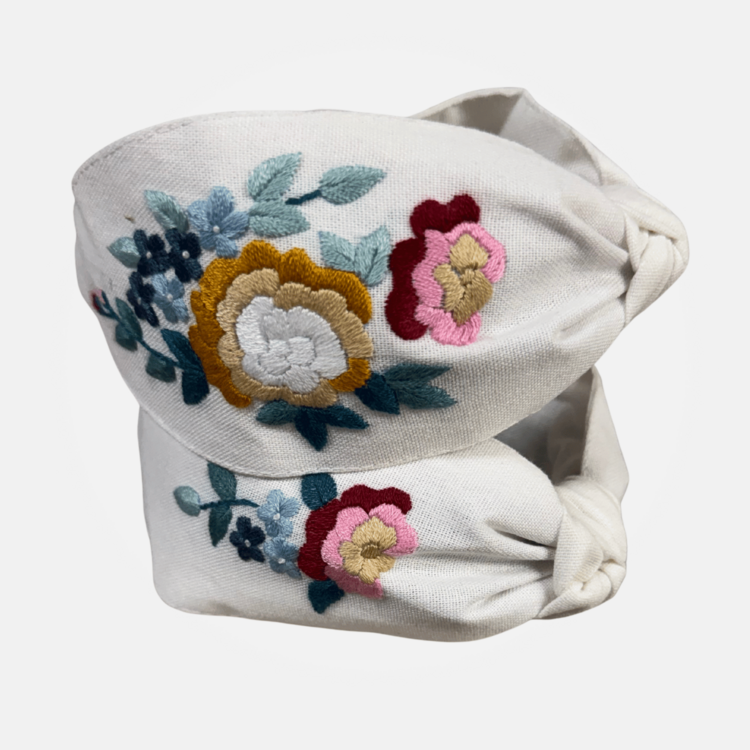 Quince Fables Floral Embroidered Top-Knot Headband (Alabaster)