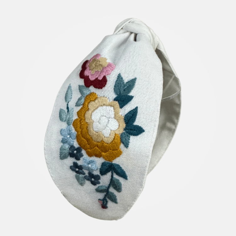 Quince Fables Floral Embroidered Top-Knot Headband (Alabaster)