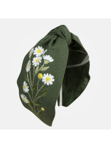 Quince Fables Floral Embroidered Top-Knot Headband (Olive)