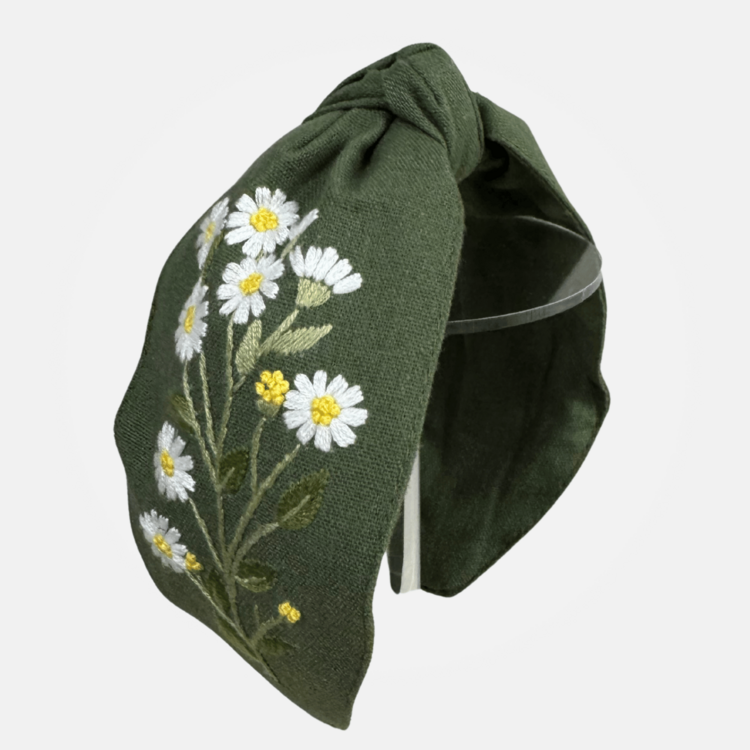 Quince Fables Floral Embroidered Top-Knot Headband (Olive)