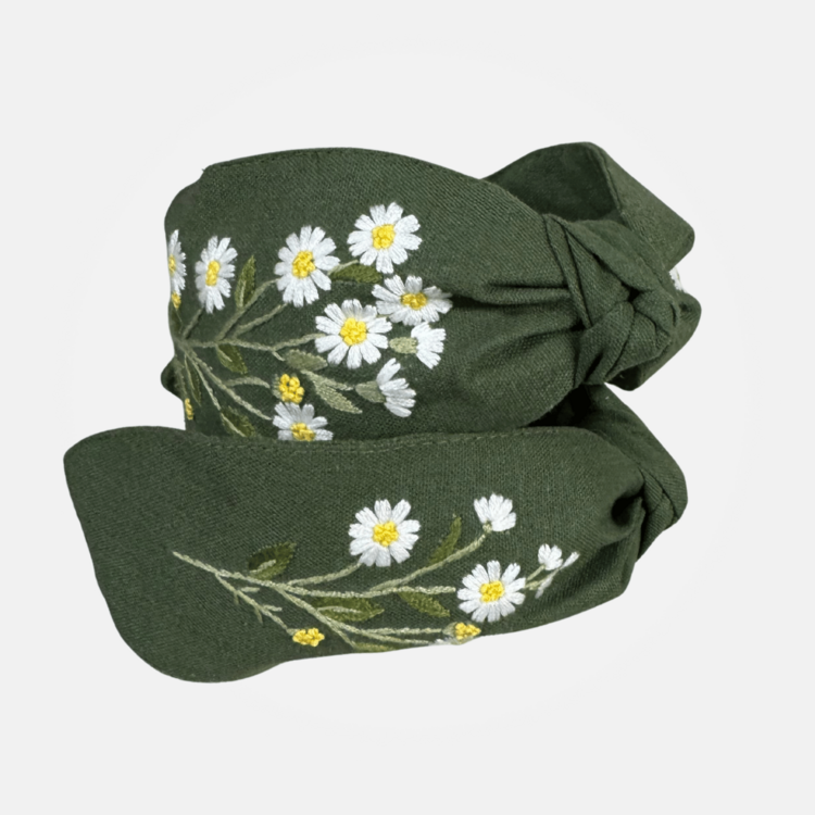 Quince Fables Floral Embroidered Top-Knot Headband (Olive)