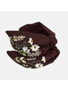 Quince Fables Floral Embroidered Top-Knot Headband (Brown)