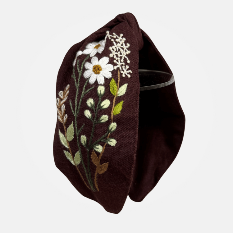Quince Fables Floral Embroidered Top-Knot Headband (Brown)