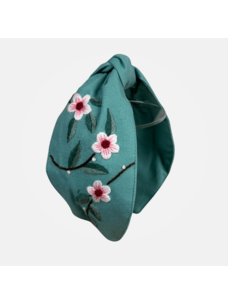 Quince Fables Floral Embroidered Top-Knot Headband (Aqua)