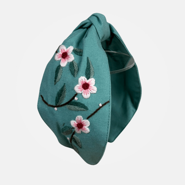 Quince Fables Floral Embroidered Top-Knot Headband (Aqua)