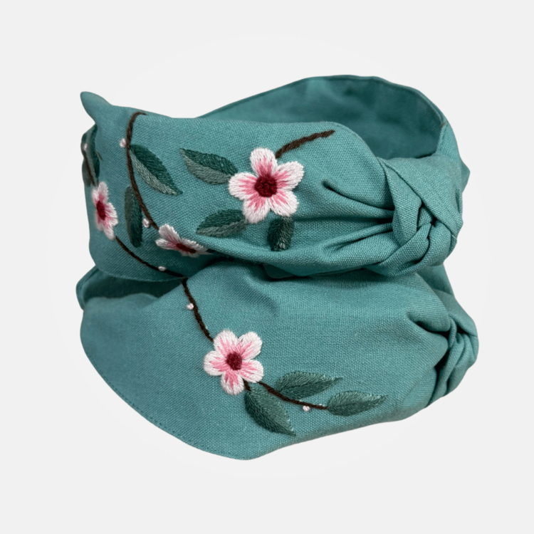 Quince Fables Floral Embroidered Top-Knot Headband (Aqua)