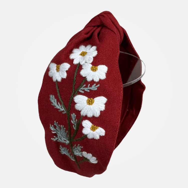 Quince Fables Floral Embroidered Top-Knot Headband (Red)